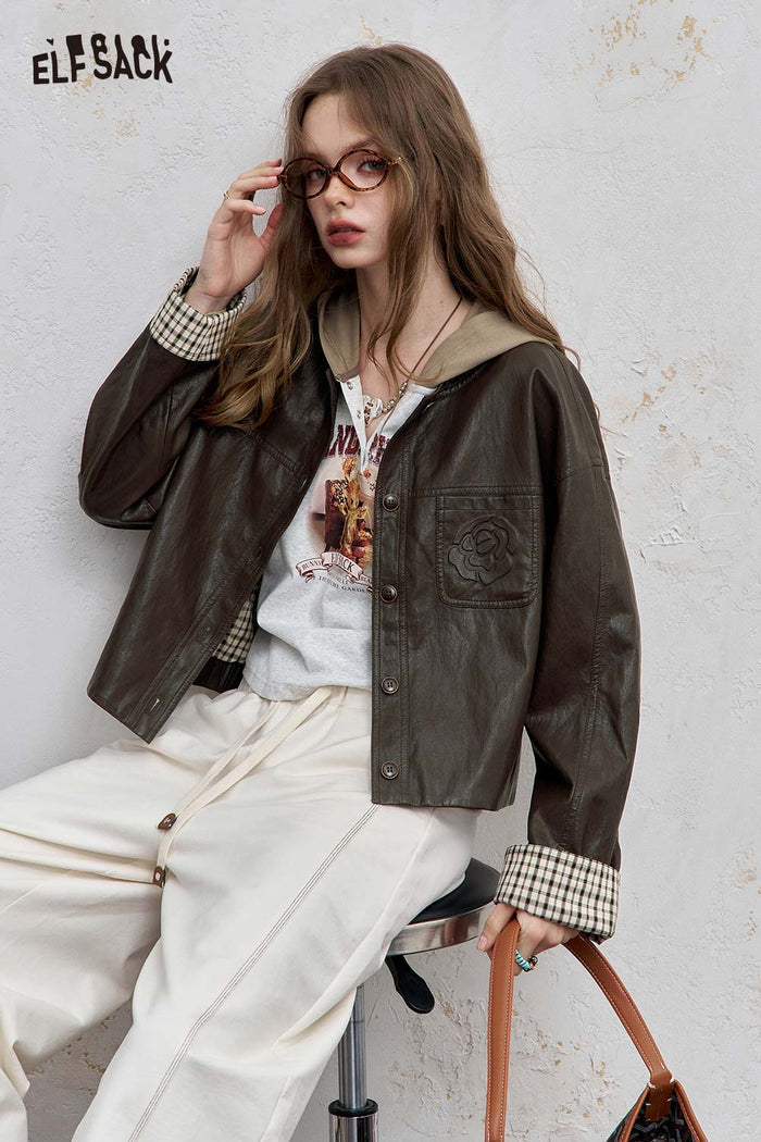 ELFSACK Light Patchwork Checkered Cuff Turn-Up Jacket