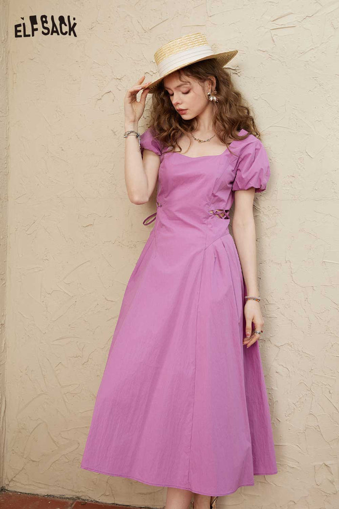 ELFSACK Light Puff Sleeve Square Neck Waist A-Line Dress