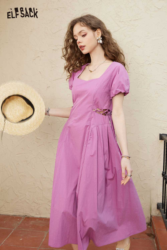 ELFSACK Light Puff Sleeve Square Neck Waist A-Line Dress