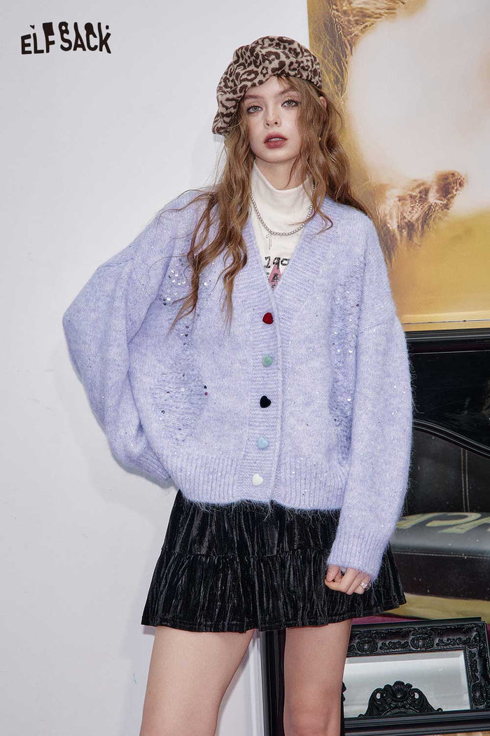ELFSACK Light Sequined Multi Color Button-down Cardigan