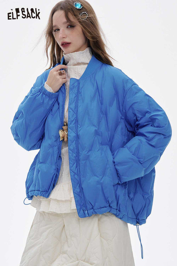 ELFSACK Light Solid Hem Drawstring Round Neck Short Down Jacket