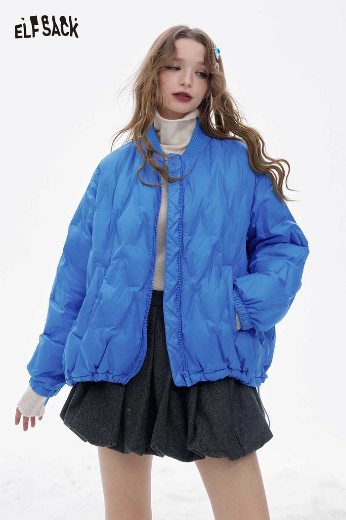 ELFSACK Light Solid Hem Drawstring Round Neck Short Down Jacket