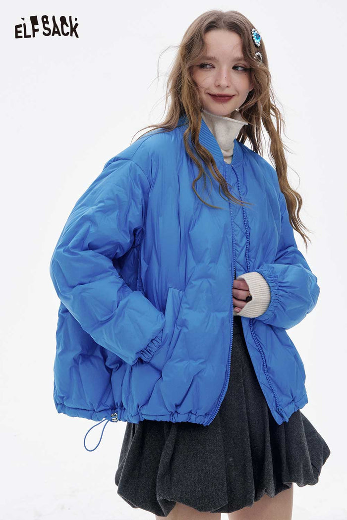 ELFSACK Light Solid Hem Drawstring Round Neck Short Down Jacket