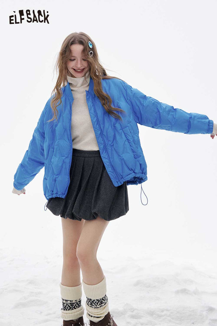 ELFSACK Light Solid Hem Drawstring Round Neck Short Down Jacket