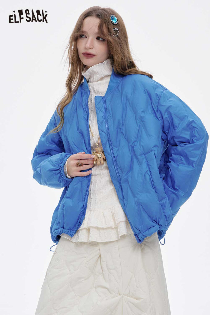 ELFSACK Light Solid Hem Drawstring Round Neck Short Down Jacket
