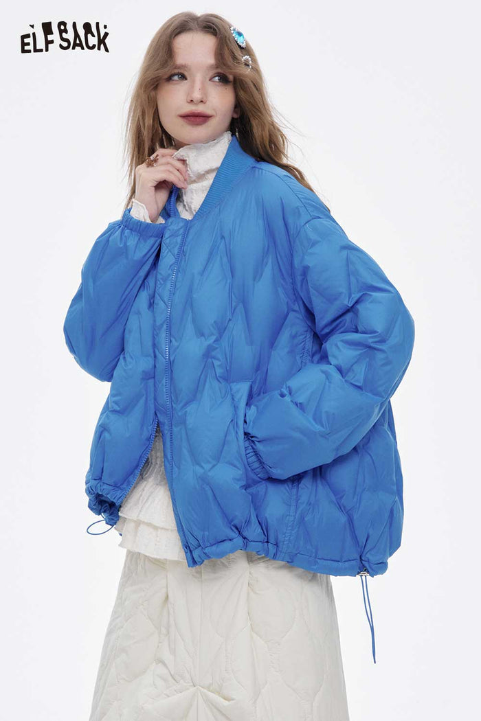 ELFSACK Light Solid Hem Drawstring Round Neck Short Down Jacket