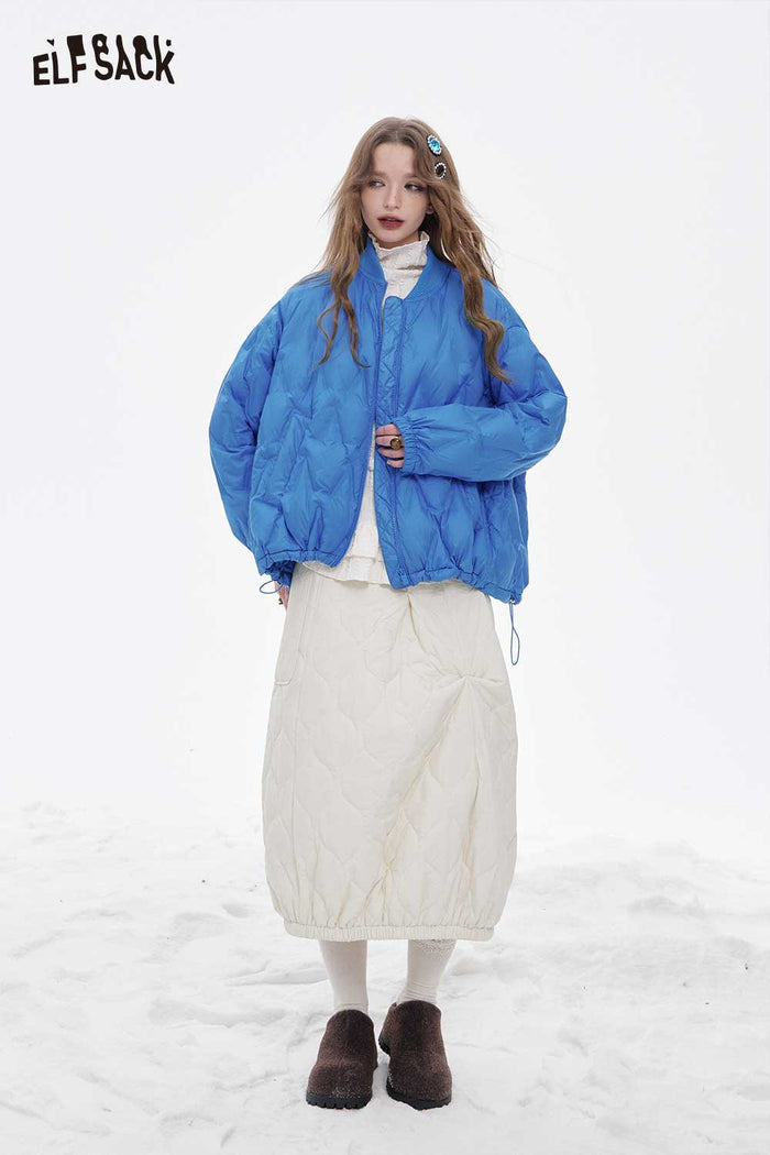 ELFSACK Light Solid Hem Drawstring Round Neck Short Down Jacket