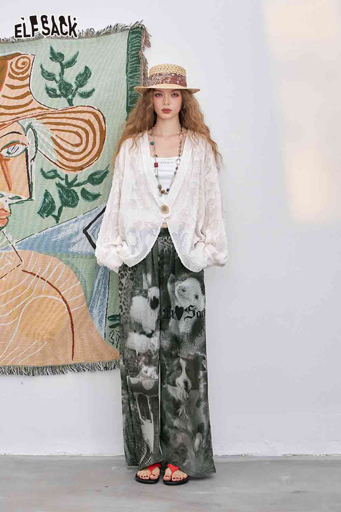 ELFSACK Light Straight Line Loose Cartoon Print Long Pant