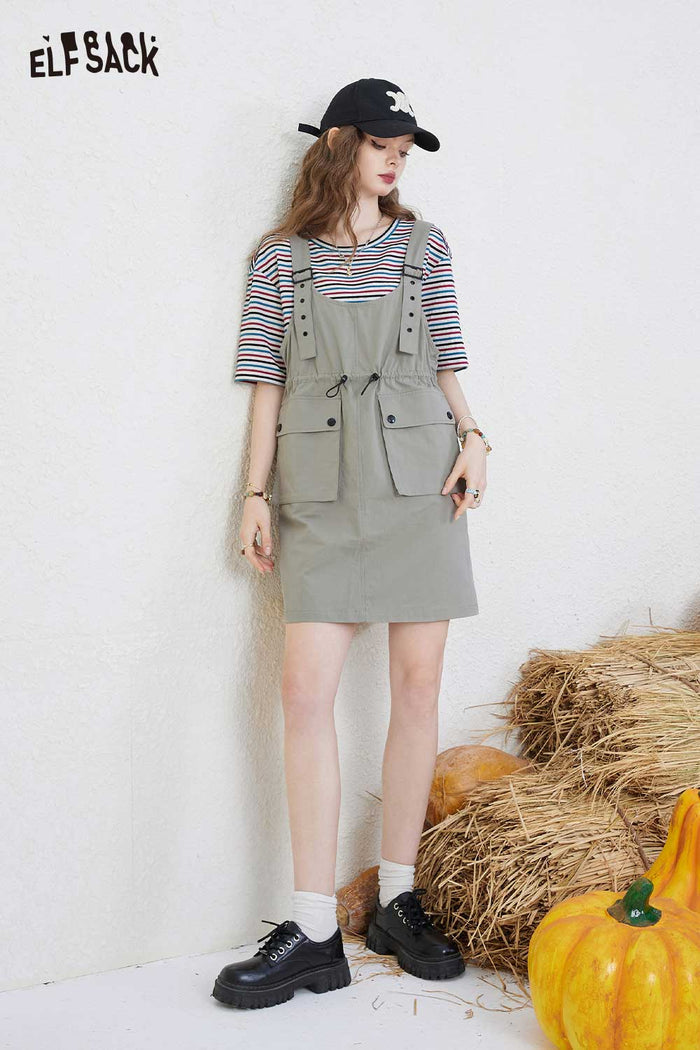 ELFSACK Light Striped Utility Tshirt Suspenders Skirt Set