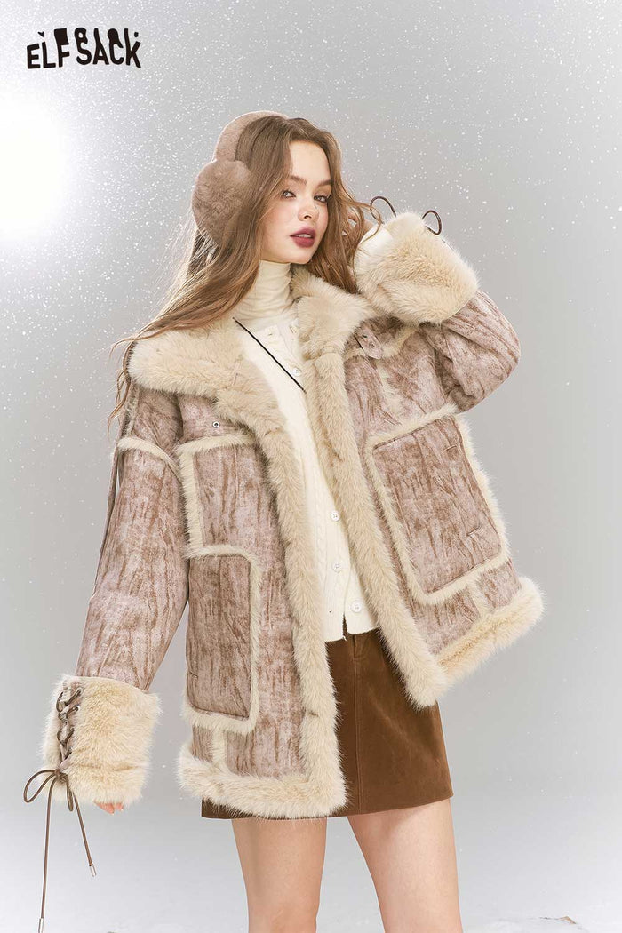 ELFSACK Light Suede Faux Fur Patchwork Blend Coat