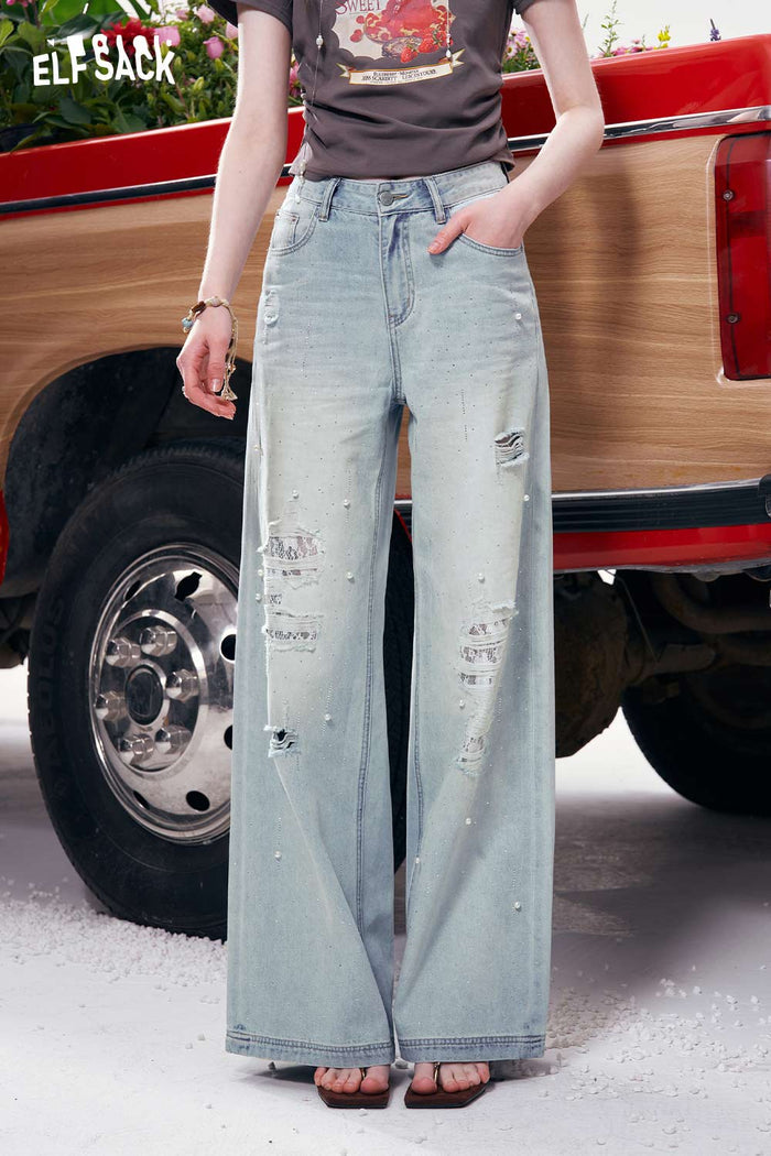 ELFSACK Light Wash Distressed Pearl Jeans