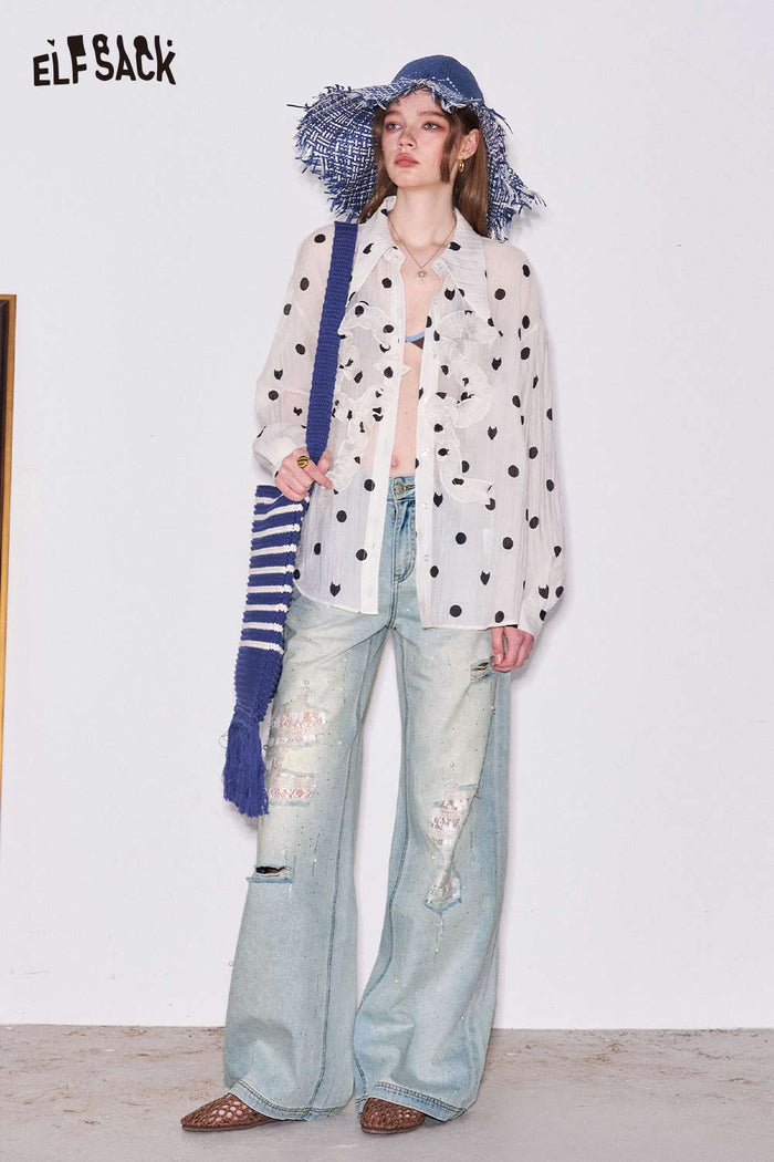 ELFSACK Light Wash Distressed Pearl Jeans