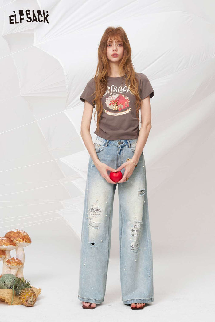 ELFSACK Light Wash Distressed Pearl Jeans