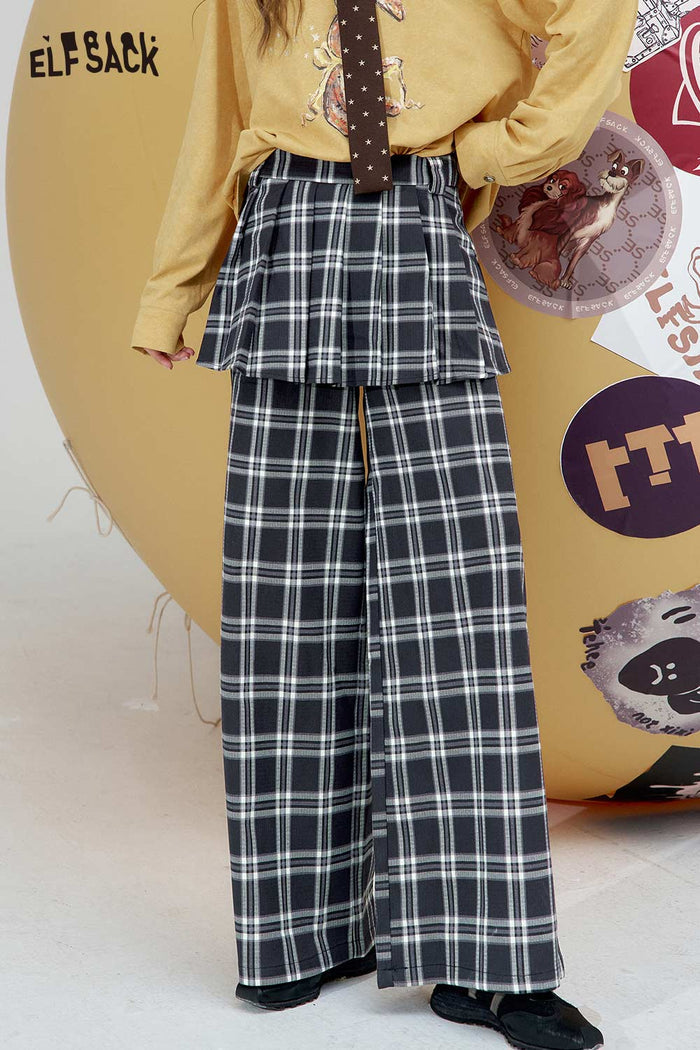ELFSACK Linen Blend Wide Leg Drop Croth False Layered Trousers