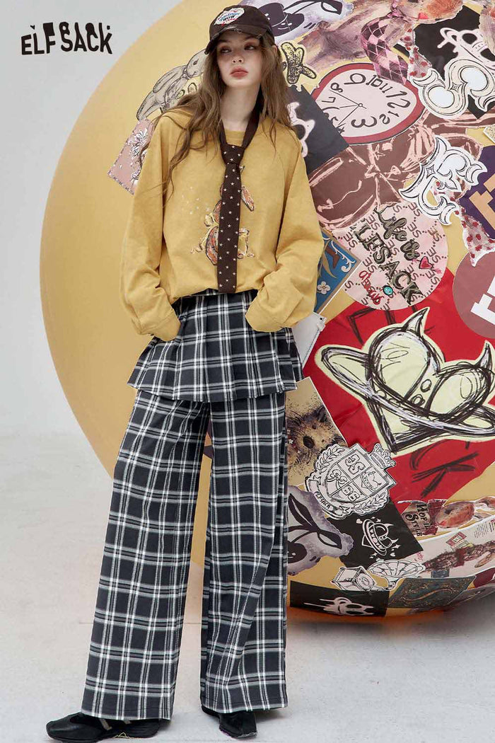 ELFSACK Linen Blend Wide Leg Drop Croth False Layered Trousers