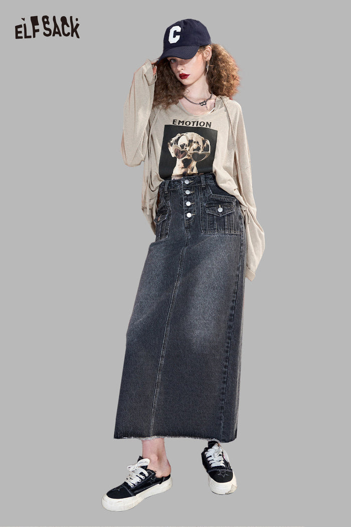 ELFSACK Loose Casual Hooded Graphic Long Sleeve Tshirt