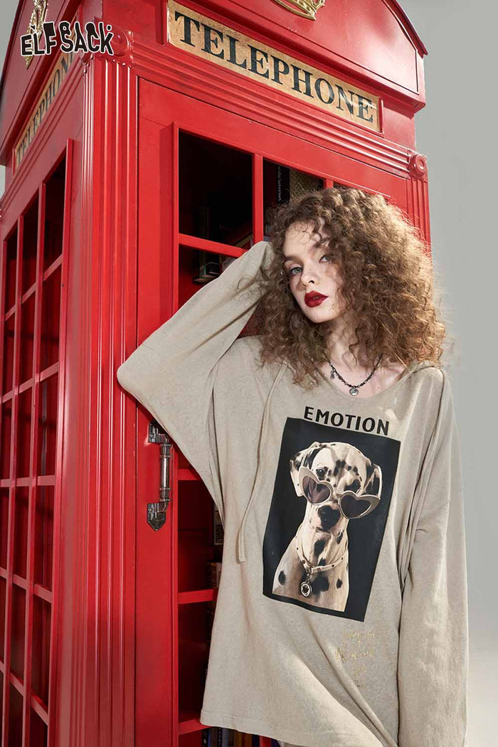 ELFSACK Loose Casual Hooded Graphic Long Sleeve Tshirt