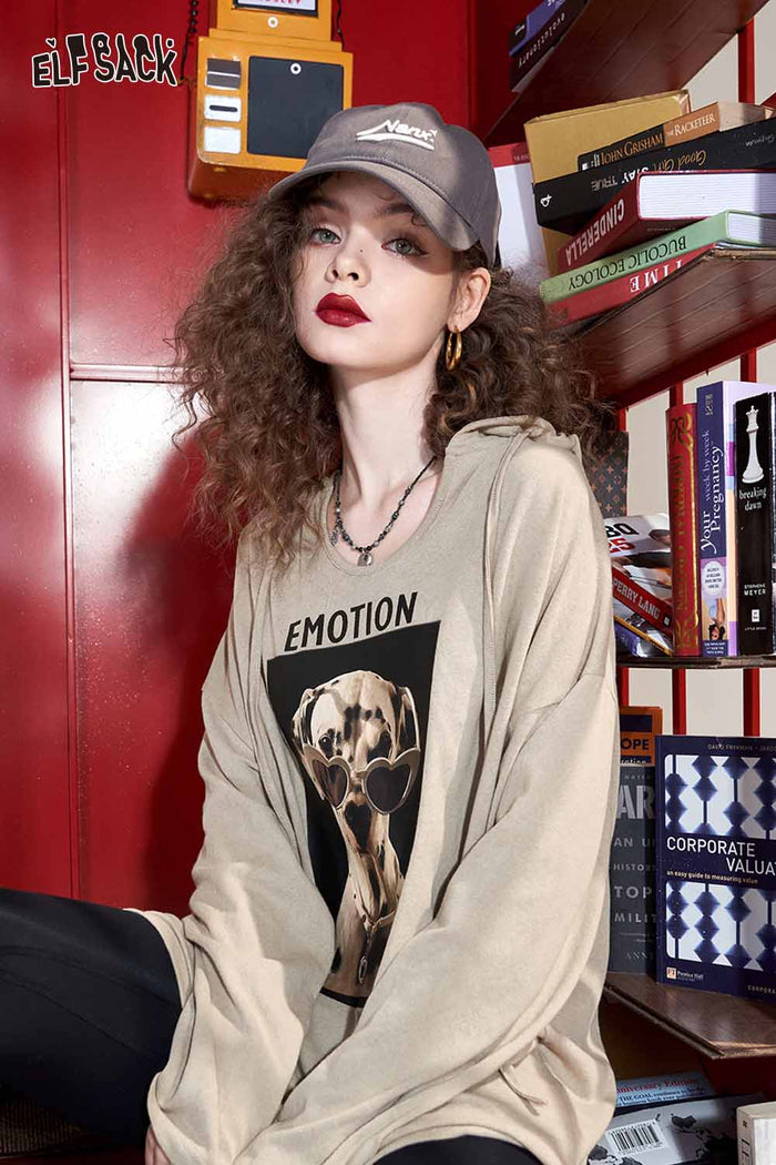 ELFSACK Loose Casual Hooded Graphic Long Sleeve Tshirt