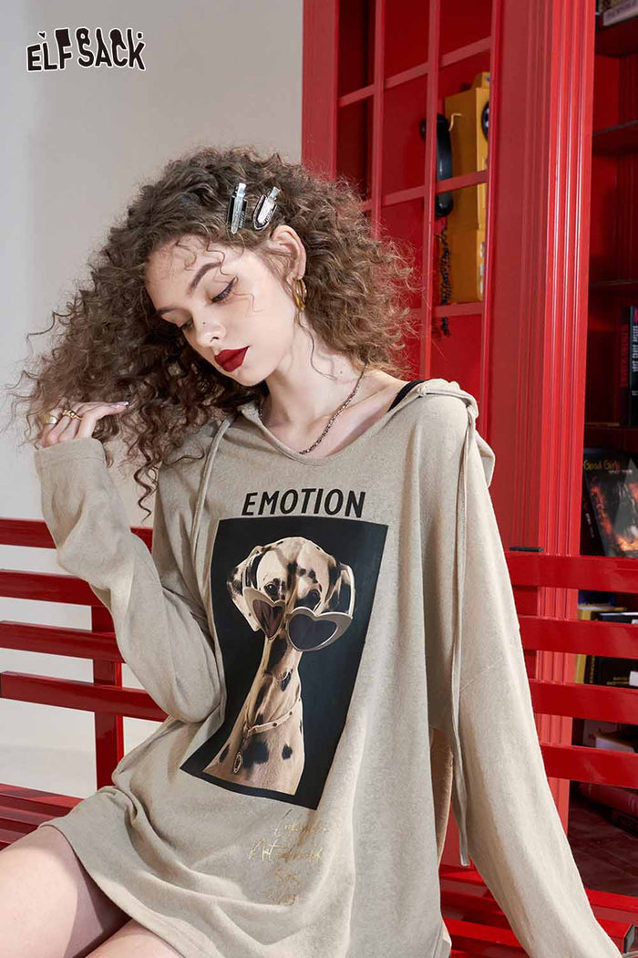 ELFSACK Loose Casual Hooded Graphic Long Sleeve Tshirt
