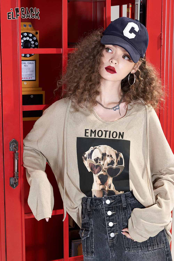 ELFSACK Loose Casual Hooded Graphic Long Sleeve Tshirt