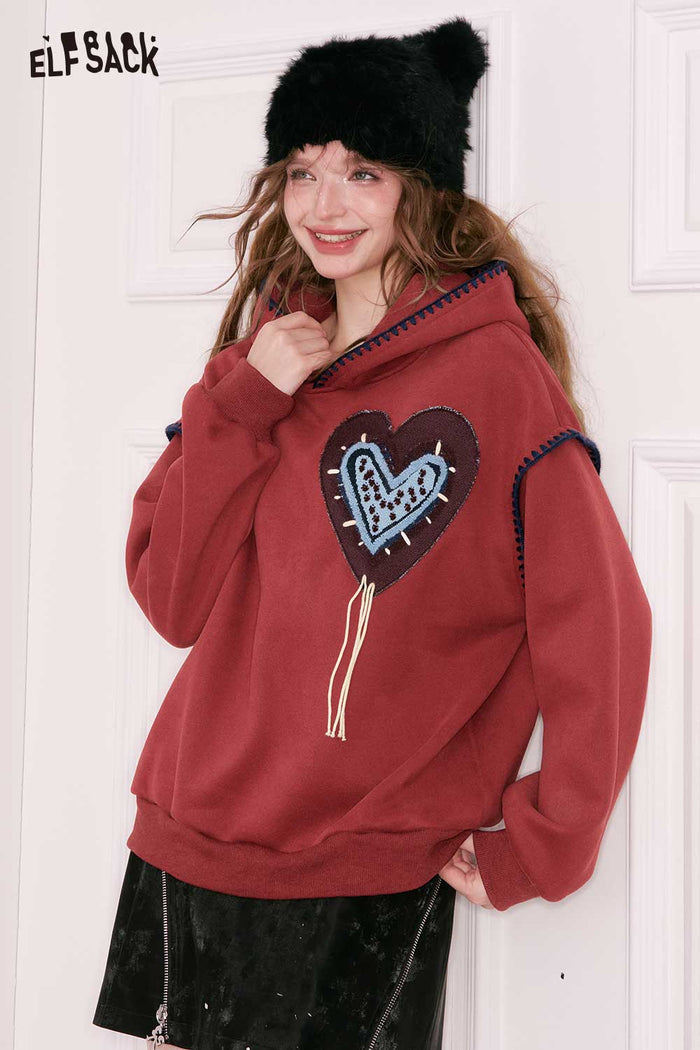 ELFSACK Loose Casual Solid Heart Graphic Collared Sweatshirt