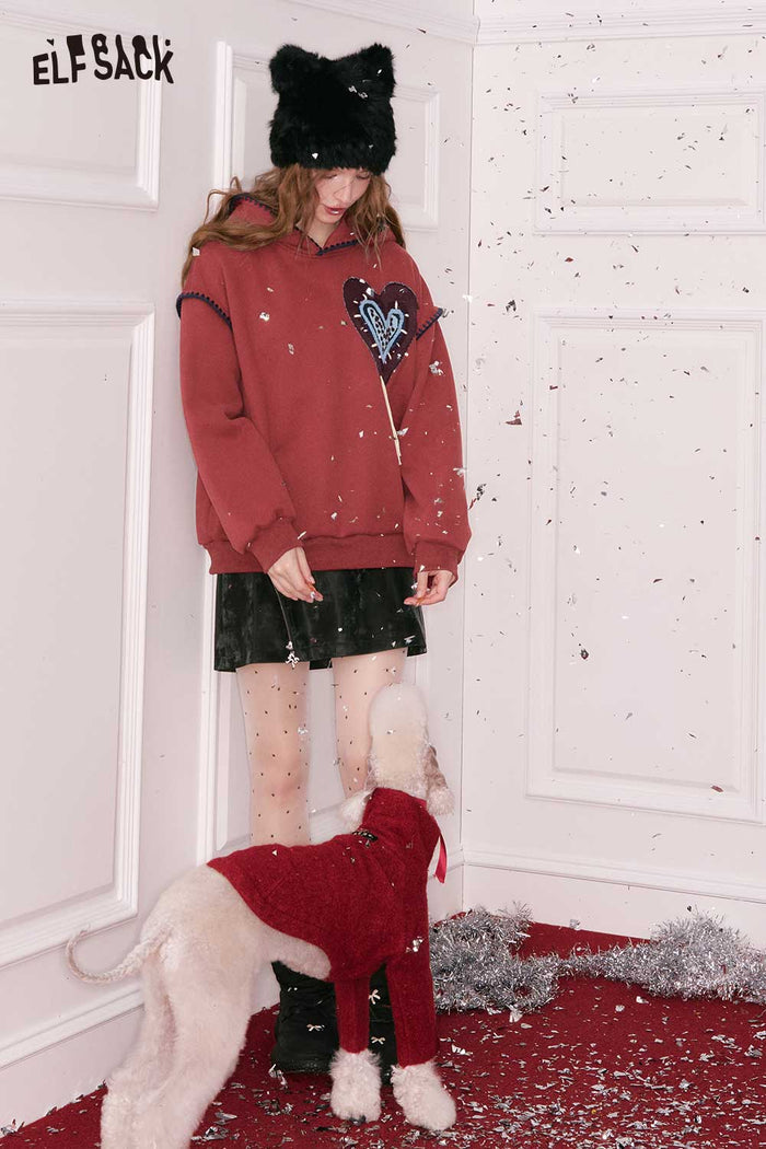 ELFSACK Loose Casual Solid Heart Graphic Collared Sweatshirt