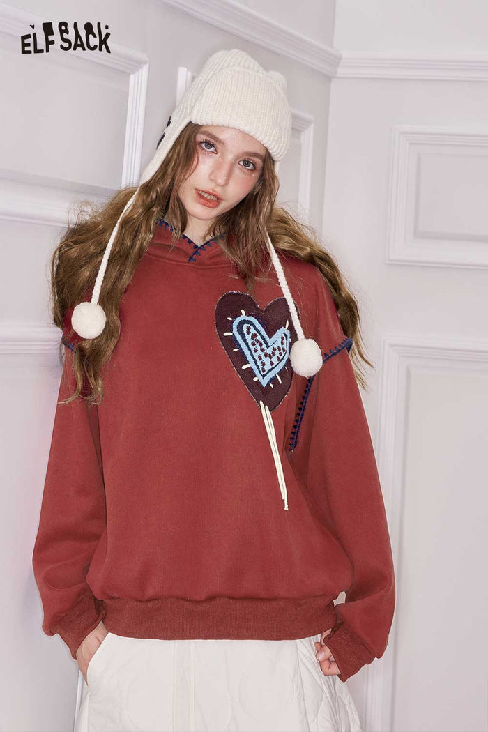 ELFSACK Loose Casual Solid Heart Graphic Collared Sweatshirt