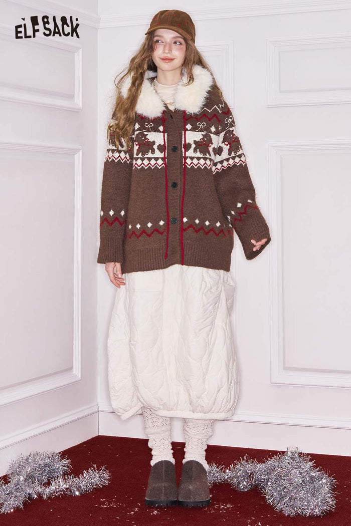 ELFSACK Loose Christmas Animal Graphic Stripe Fur Hood Knit Cardigan
