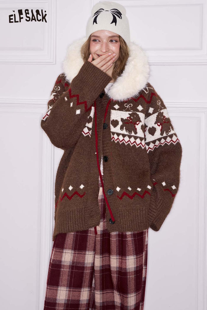 ELFSACK Loose Christmas Animal Graphic Stripe Fur Hood Knit Cardigan