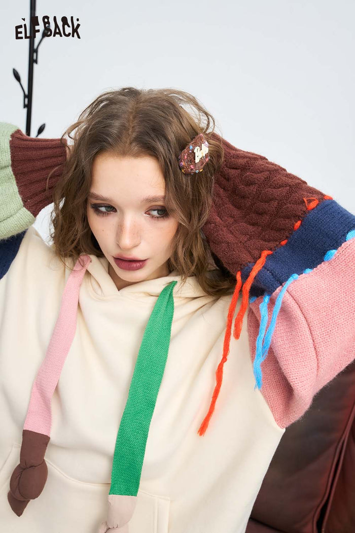 ELFSACK Loose Color Block Hooded Knit Patchwork Sweatshirt