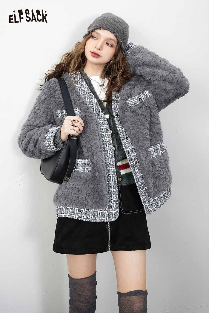 ELFSACK Loose Elegant Patchwork Tweed Fur Coat