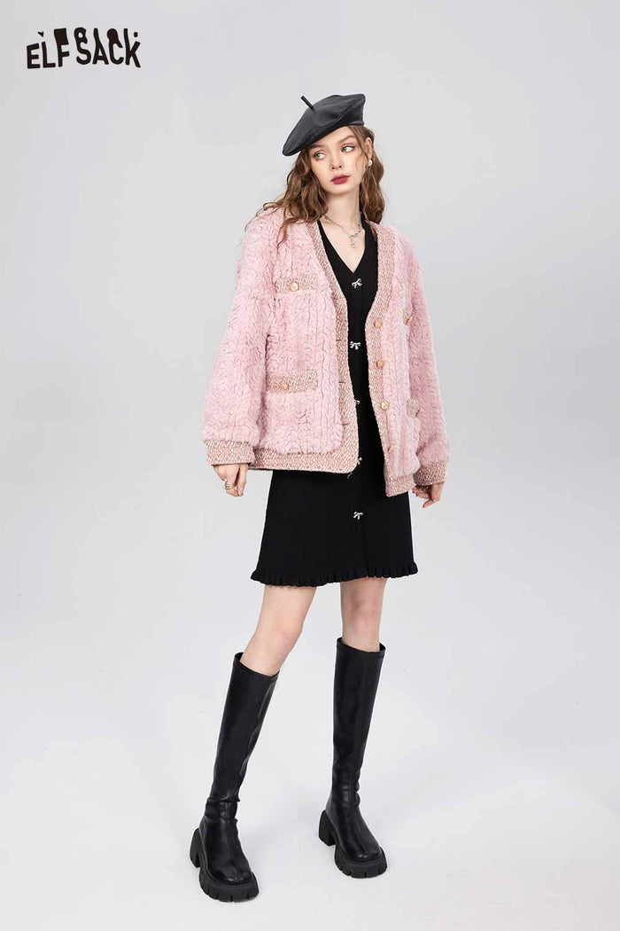 ELFSACK Loose Elegant Patchwork Tweed Fur Coat