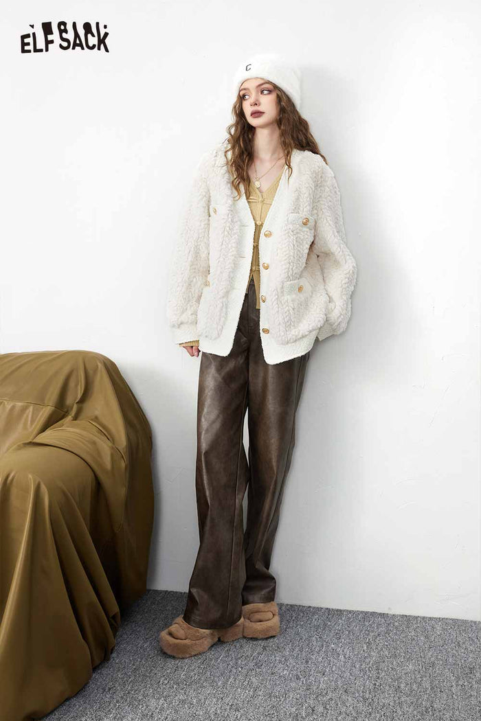 ELFSACK Loose Elegant Patchwork Tweed Fur Coat