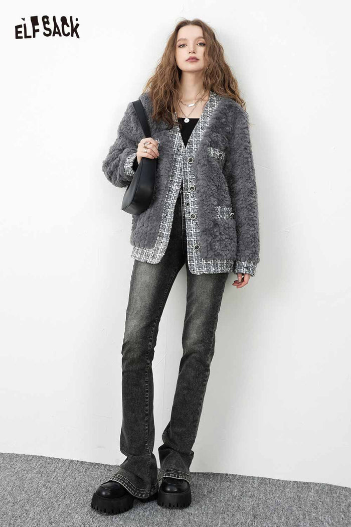 ELFSACK Loose Elegant Patchwork Tweed Fur Coat