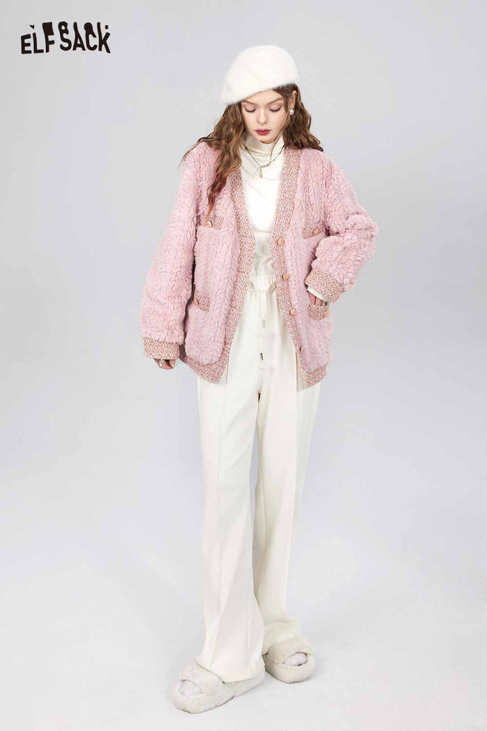 ELFSACK Loose Elegant Patchwork Tweed Fur Coat