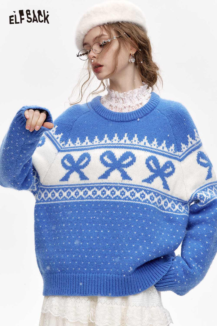 ELFSACK Loose Fair Isle Red Sweater