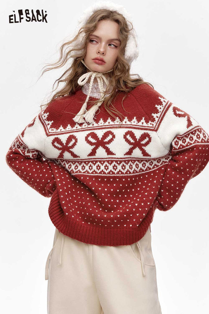 ELFSACK Loose Fair Isle Red Sweater