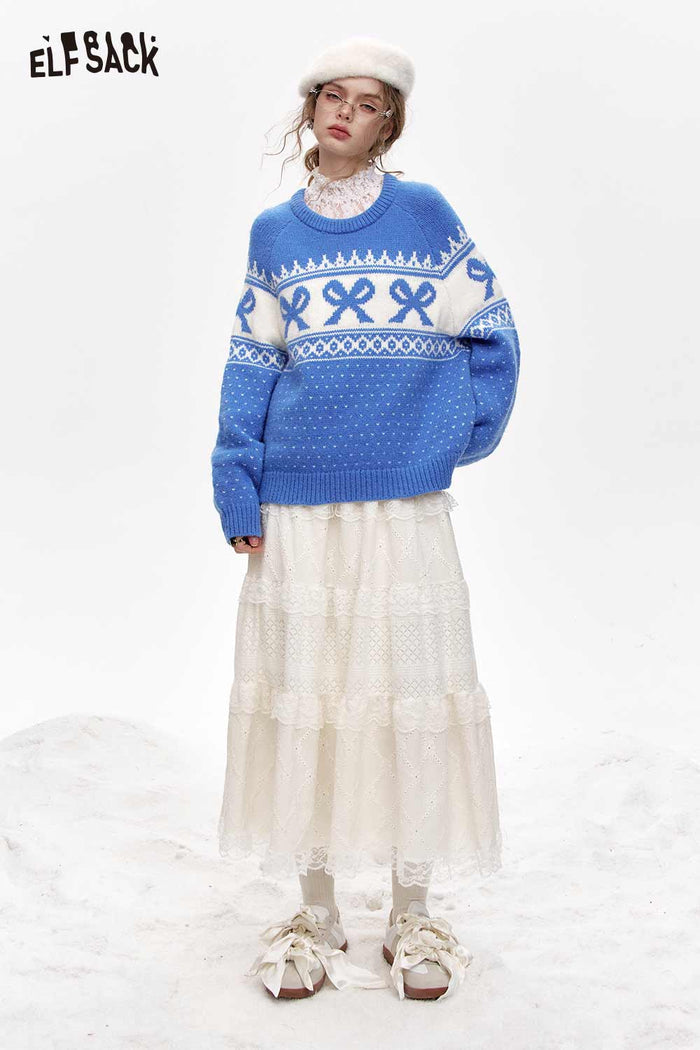 ELFSACK Loose Fair Isle Red Sweater