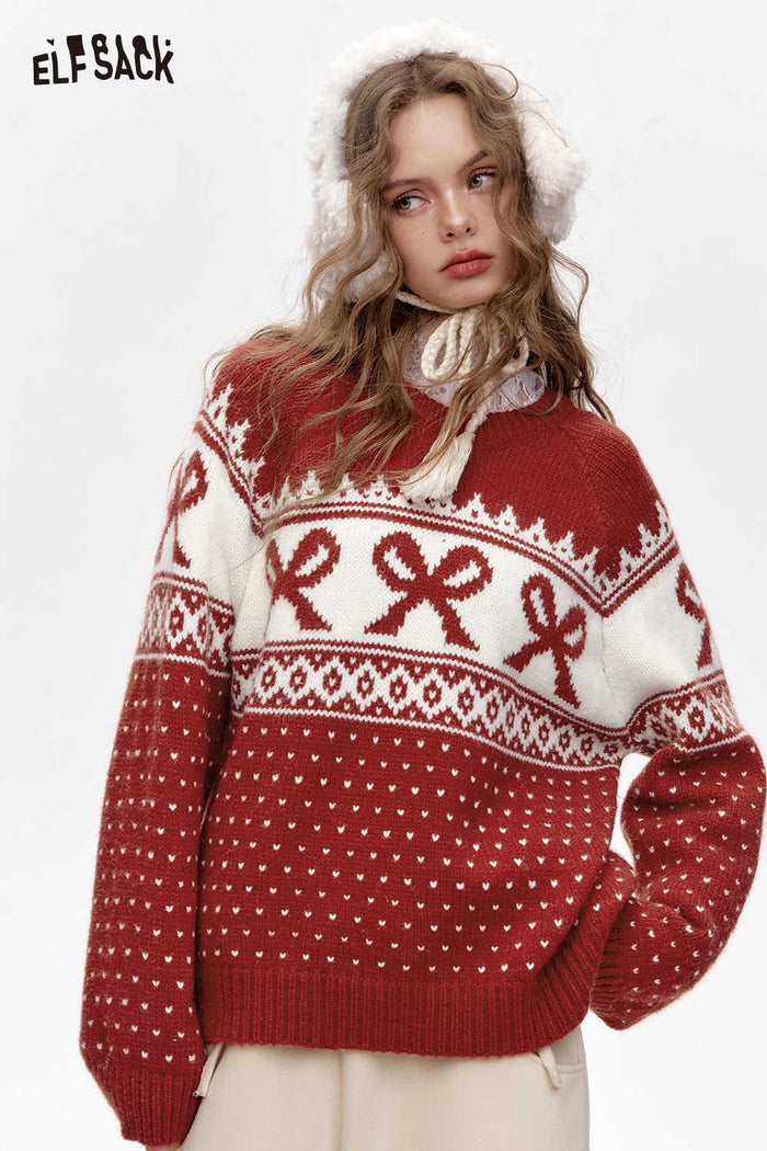 ELFSACK Loose Fair Isle Red Sweater