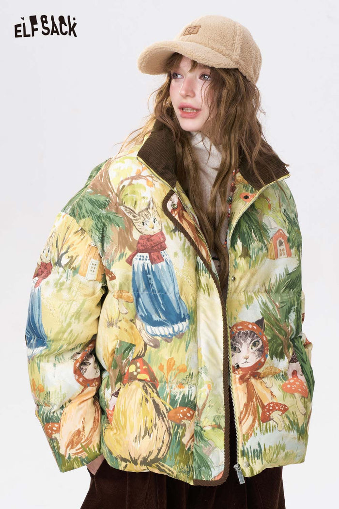 ELFSACK Loose Forest Animal Graphic Convertible Collar Short Down Jacket