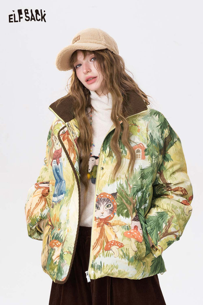 ELFSACK Loose Forest Animal Graphic Convertible Collar Short Down Jacket