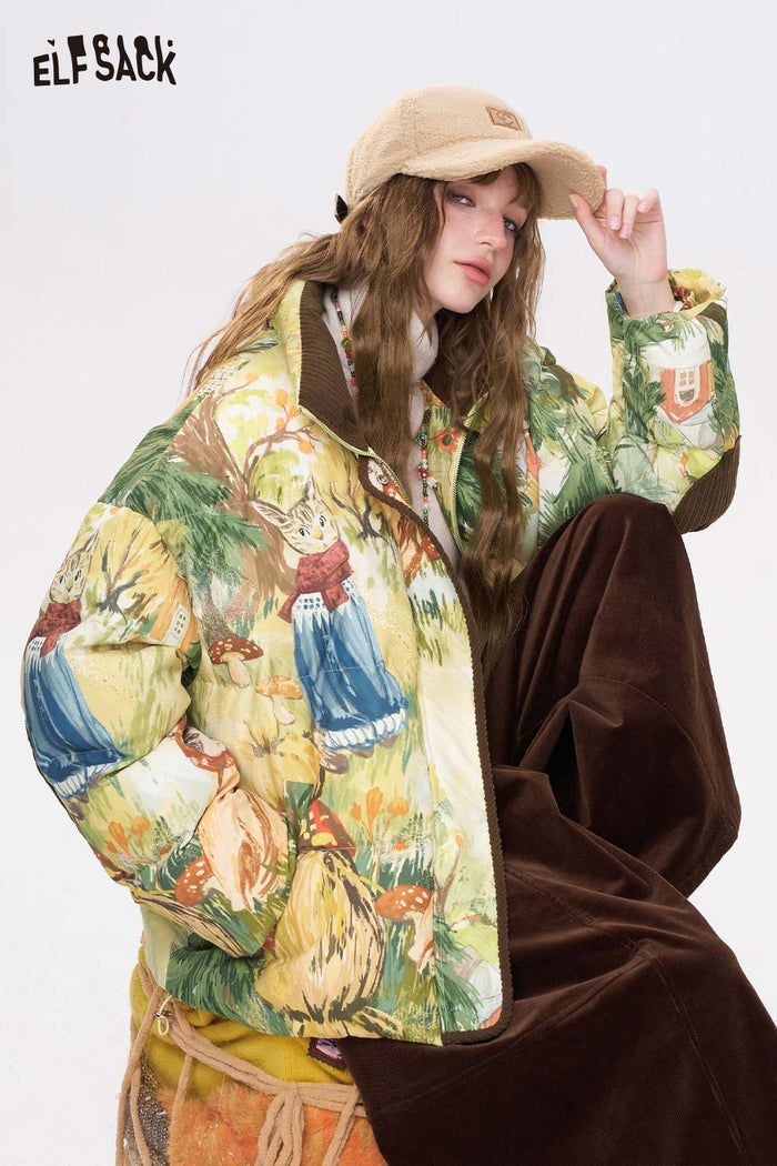 ELFSACK Loose Forest Animal Graphic Convertible Collar Short Down Jacket