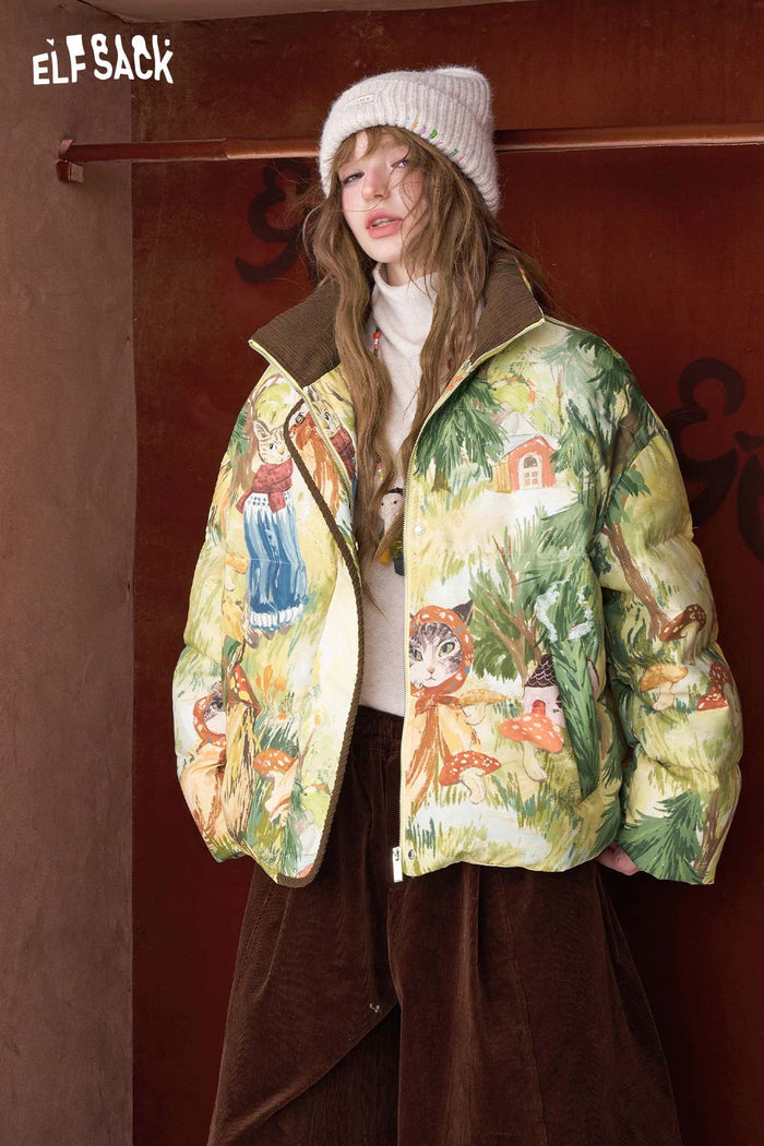 ELFSACK Loose Forest Animal Graphic Convertible Collar Short Down Jacket