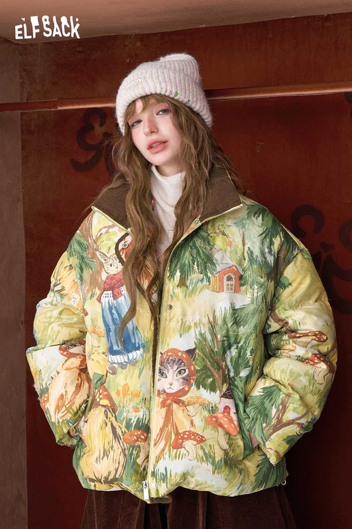 ELFSACK Loose Forest Animal Graphic Convertible Collar Short Down Jacket