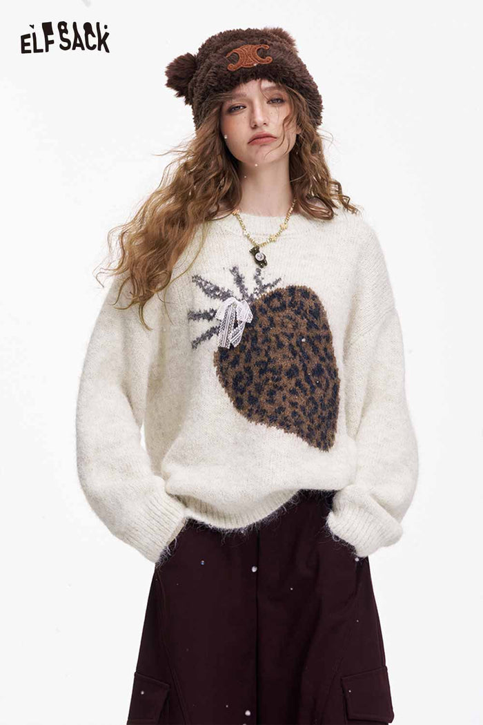 ELFSACK Loose Fruit Graphic Lace Bow 3D Embellishment Round Neck Sweater