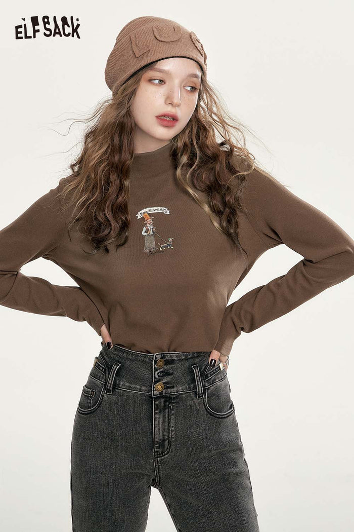 ELFSACK Loose Graphic Solid Half High Neck Tshirt