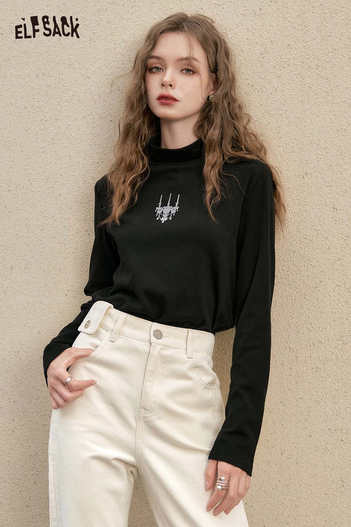 ELFSACK Loose Graphic Solid Half High Neck Tshirt