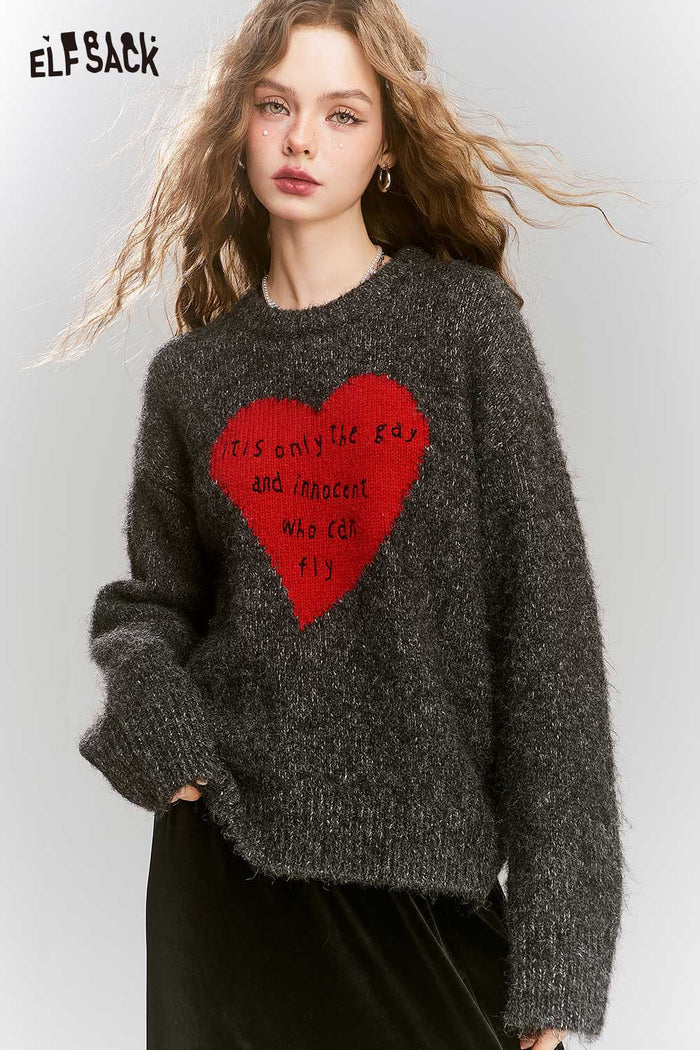 ELFSACK Loose Gray Heart Pattern Sweater