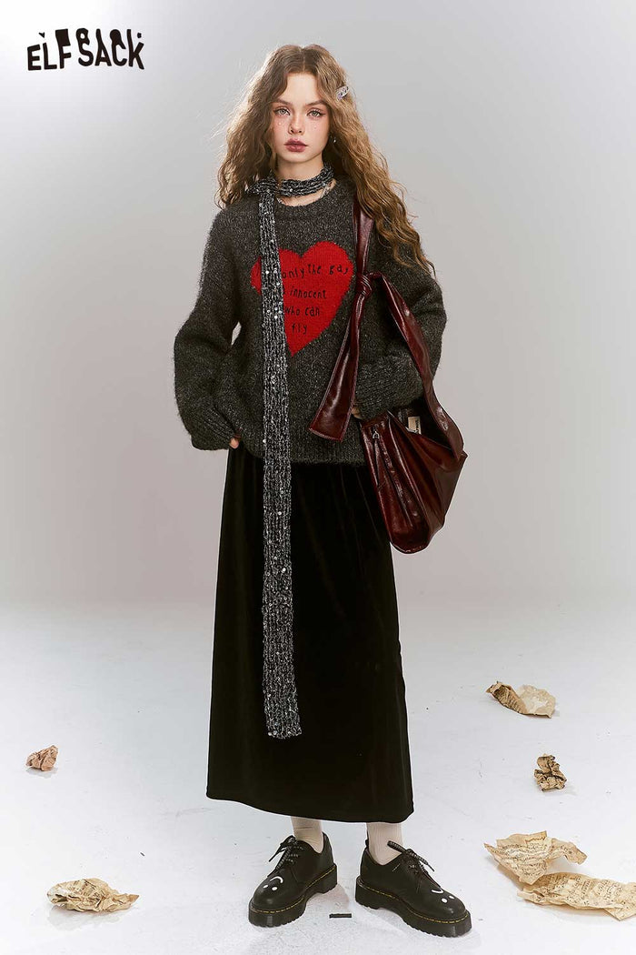 ELFSACK Loose Gray Heart Pattern Sweater