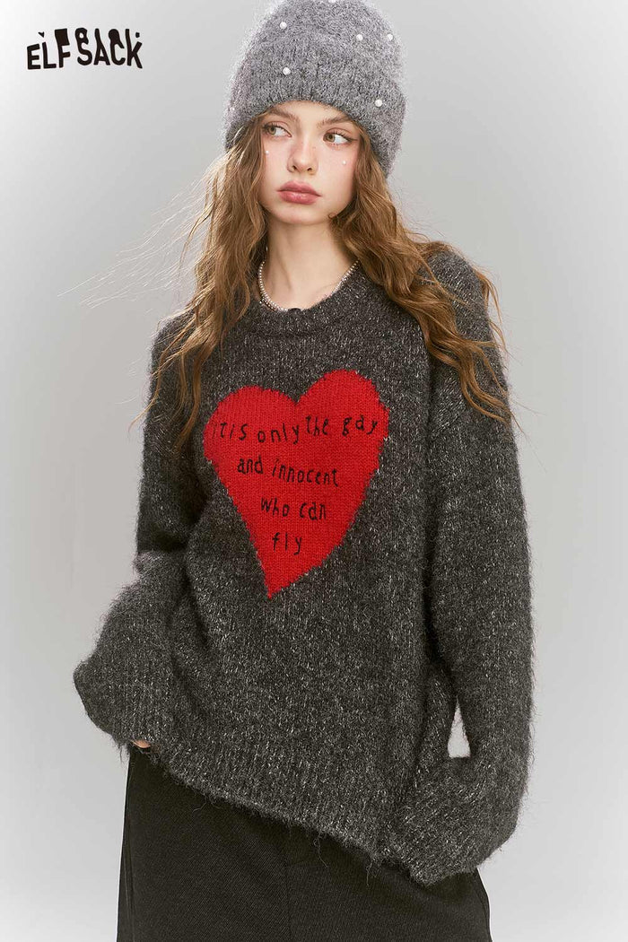 ELFSACK Loose Gray Heart Pattern Sweater